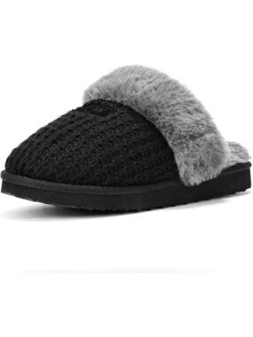 Women Black Faux Leather Soft Warm Fuzzy Slipper Shoes for Indoor
